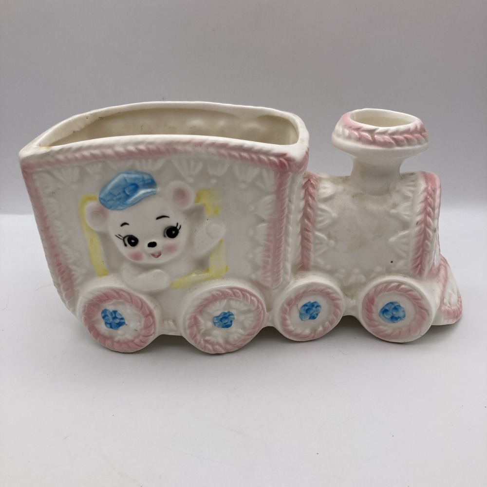 Vintage Inarco Ceramic Baby Planter Train Teddy Pink Blue E- 2247